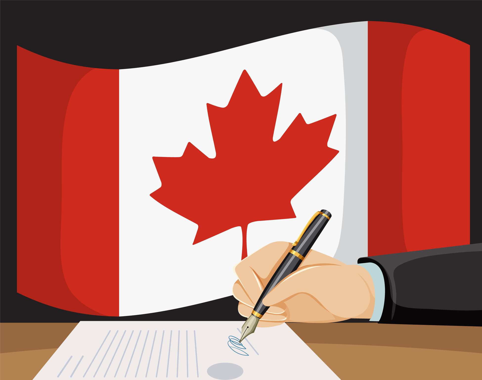 Illustration of signing a document with Canadian flag